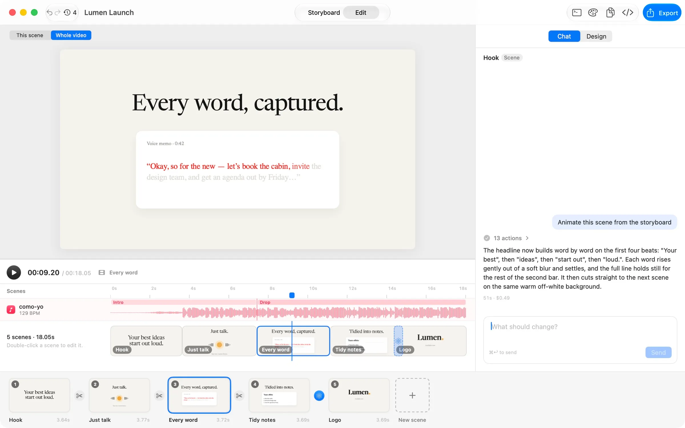 Whole-video timeline with scene blocks and music phrases